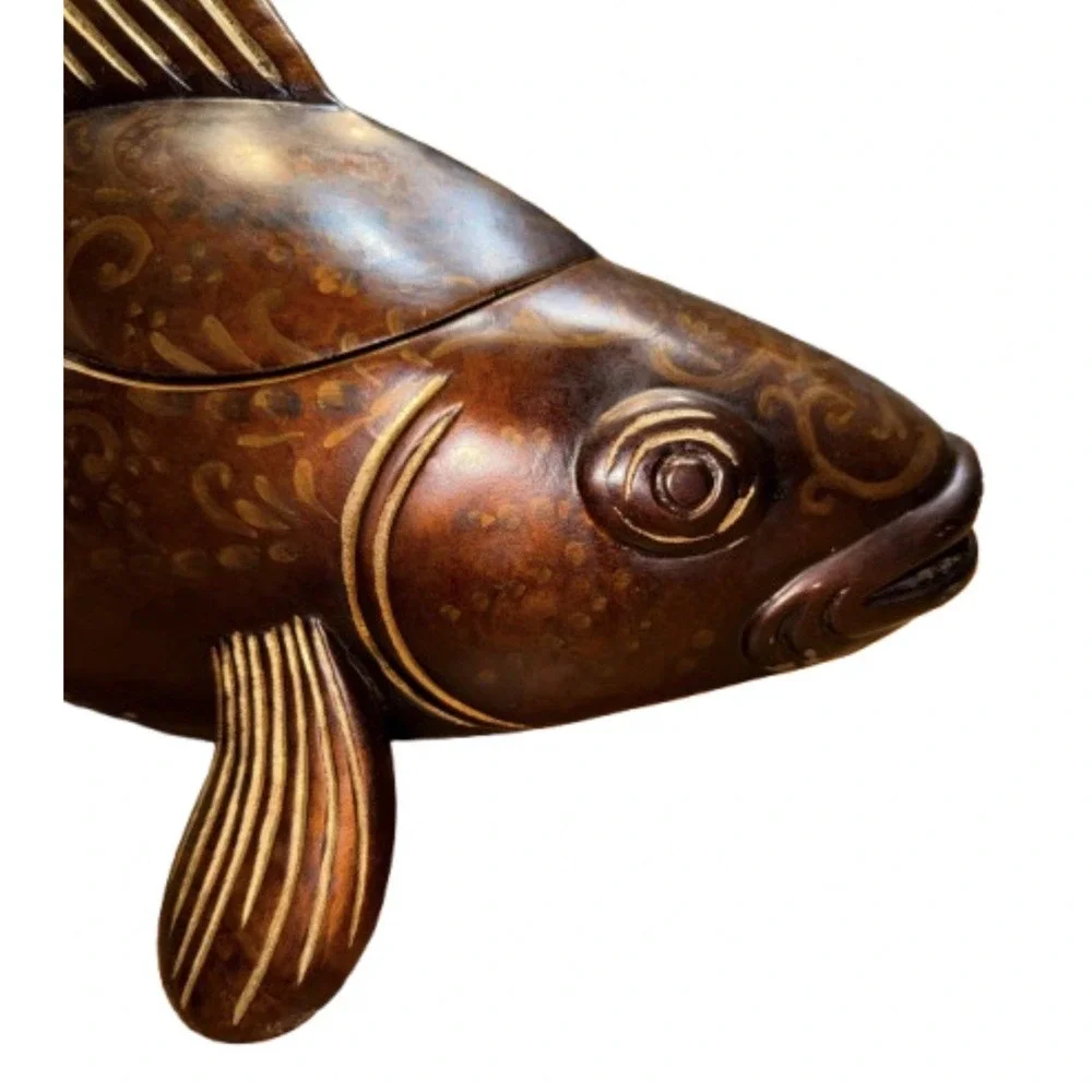 Vintage Castilian Wooden Fish Trinket Box Carved Hinged Keepsake Box 26x11 Rare